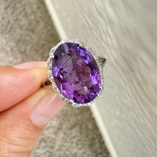 925 Sterling Silver Ring 15x10mm Natural Amethyst Gemstone Big Bridal Zircon NEW