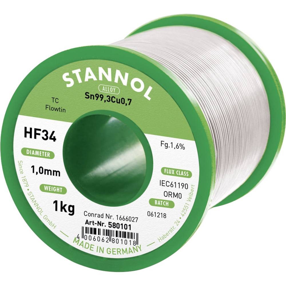Étain à souder sans plomb Stannol HF34 Flowtin TC diametre 1mm en bobine de 1kg