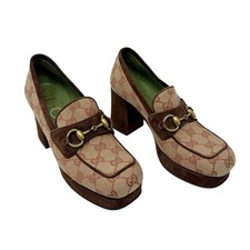 Gucci Houdan Platform Loafer Heels Brown GG Canvas Suede Horsebit EU 36