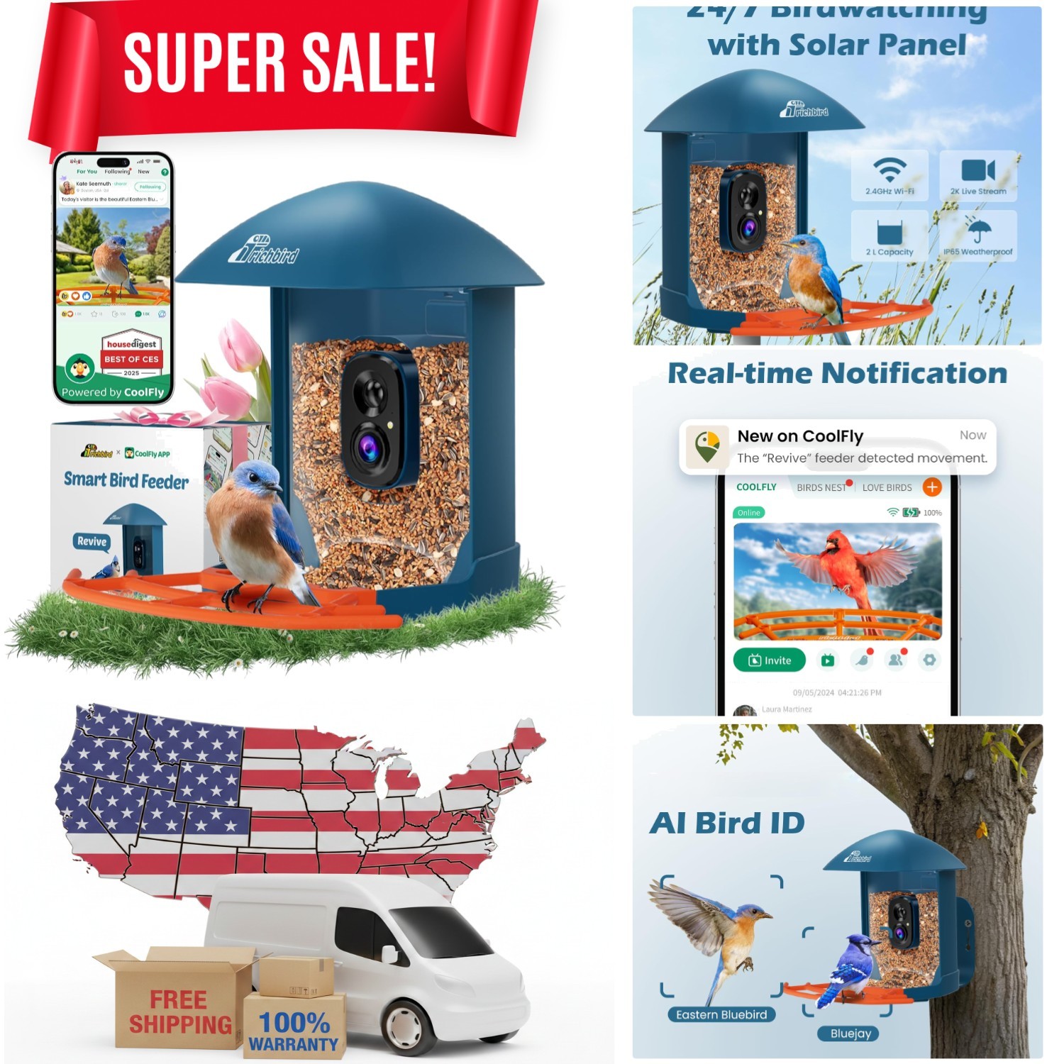 Smart Bird Feeder With Camera Solar Powered Solar Roof Freship