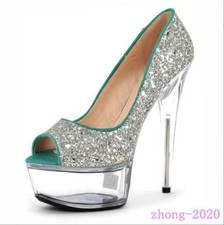 Chic Womens Club Stage Shoes Sequins Slip on Peep Toe Platform High Heel Sandals