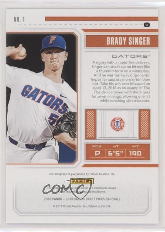 2018 Panini Contenders Draft Picks Ticket RPS Variation Brady Singer #1 Auto 2t7 view 2