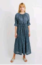 Mirth Vienna Cotton Floral Cottagecore Drawstring Lined Blue Maxi Dress Small S