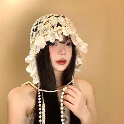 New Lace Pearl Openwork Flower Knit Hat