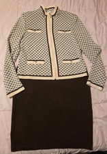 St. John By Marie Gray Brown/Cream Knit Skirt Suit Set Size 8 Padded Shoulder's