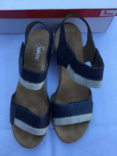 RIEKER BLUE SANDALS UK8 EU 42 HOOK & LOOP ADJUSTABLE STRAPS WEDGE HEEL