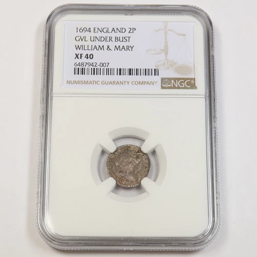 1694 NGC XF40 | ENGLAND - William & Mary Maundy 2 Pence 2P Coin #42959A