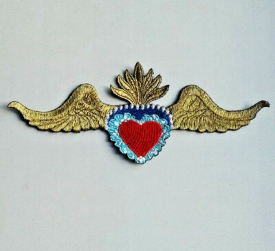 Sacred Heart With Wings Milagro Handmade Sew-On Embroidered Patch