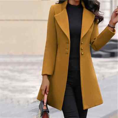Autumn Winter Woolen Coat Women Yellow Black Stand Slim
