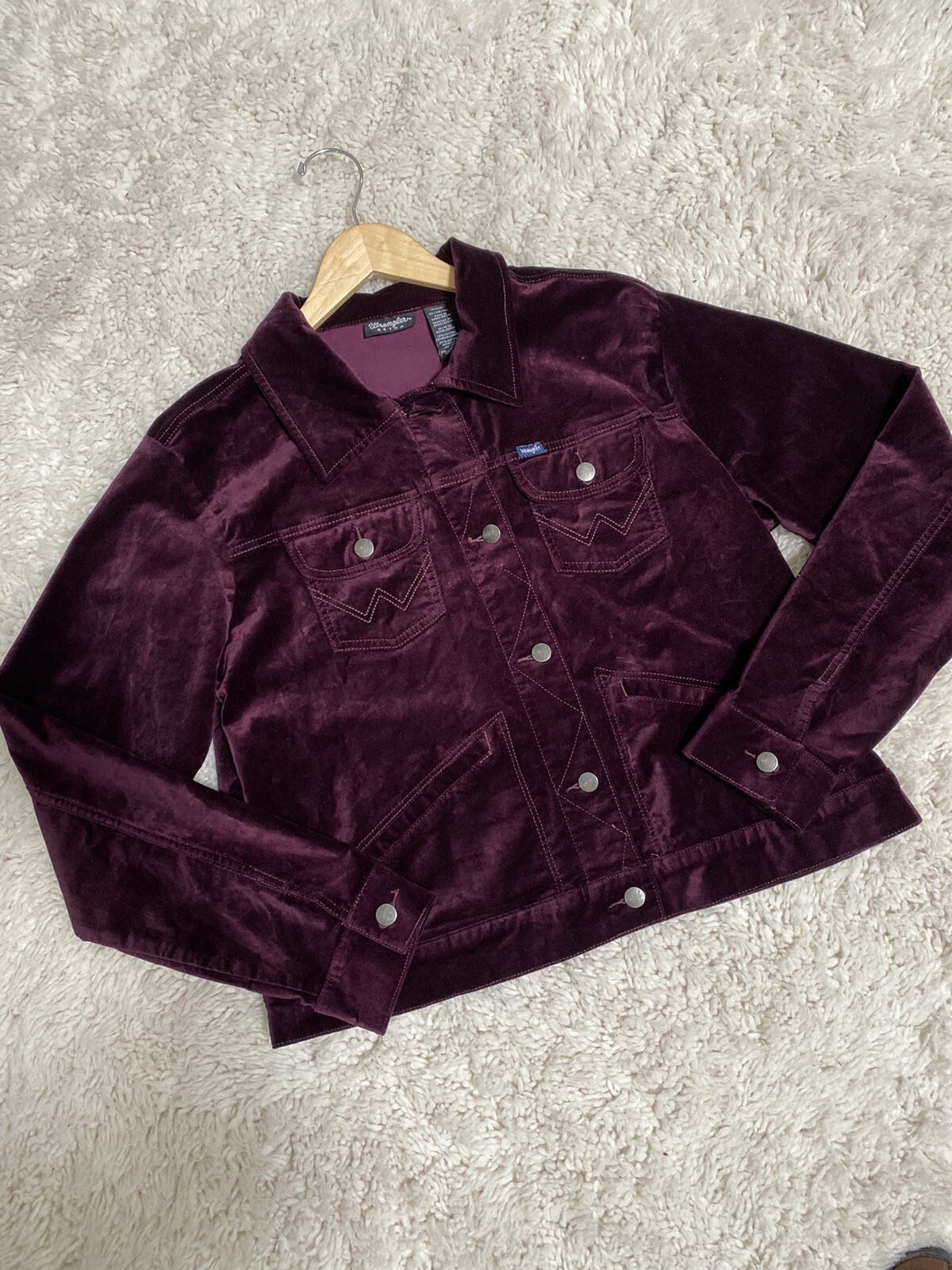 Wrangler Retro Women&rsquo;s Sz XL Velvet Western Plush Purple Stretch Trucker Jacket 