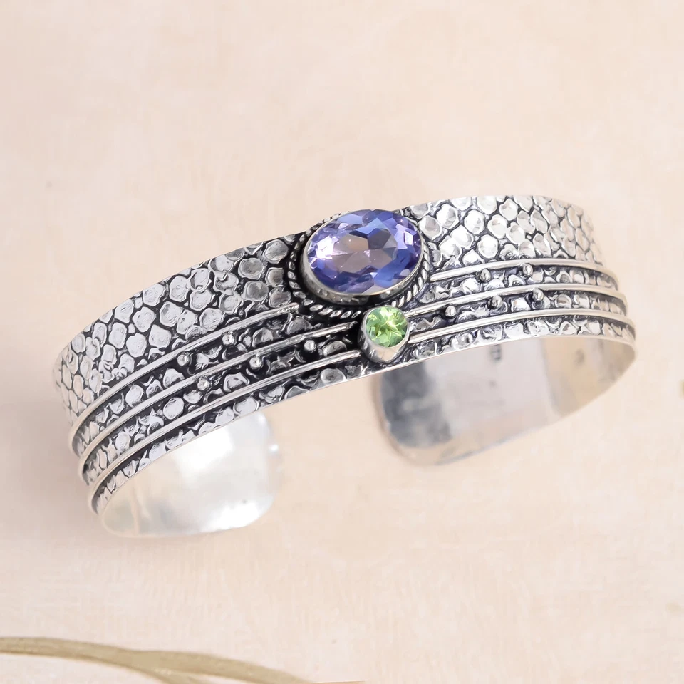 Purple Amethyst, Peridot Cut Bracelet 925 Sterling Silver Cuff Festival Jewelry - Image 3 of 4