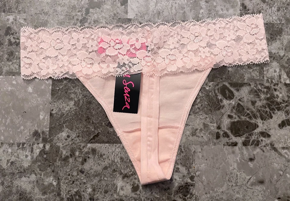 NWT LA SENZA SMALL LIGHT PINK COTTON BLEND FLORAL LACE BAND THONG PANTIES - Image 3 of 3