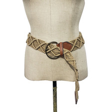 Woven Beige textile woven belt with brown leather trim Size 7-9, 39,5" length
