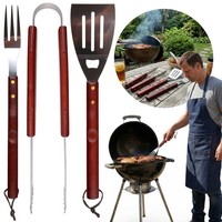 Grillbesteck-Set Mit Holzgriffen, Schaufel, Zange Und Gabel – Set Aus Edelstahl