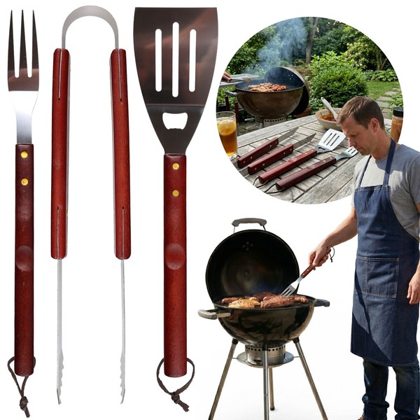 Grillbesteck-Set Mit Holzgriffen, Schaufel, Zange Und Gabel – Set Aus Edelstahl-image