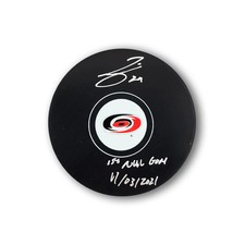 Seth Jarvis Autographed Carolina Hurricanes Hockey Puck Inscribed 1st NHL Goal