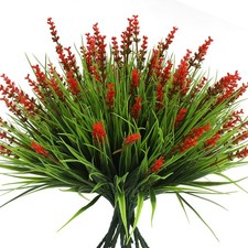 Artificial Flowers Outdoor 12 Bundles Fake Plants Outside Red Flower Grass Fa...