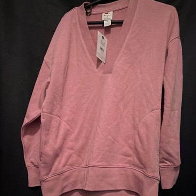 Champion Womens S Pink V-Neck Pullover Knit Sweatshirt Solid Logo Loose Fit