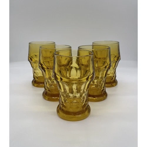 5 Vintage Golden Amber Glass Large Georgian Anchor Hocking Tumblers 12oz