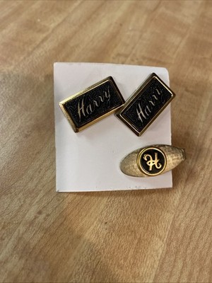 HARRY Name Vintage Cufflinks Tie Clip Bar Set Gold-tone And Black