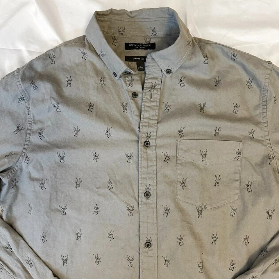 Banana Republic Luxe Flannel Shirt Mens Sz L Untucked Slim Long Sleeve Deer - Image 2 of 4