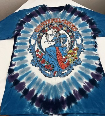Grateful Dead  Tie Dye Large T-Shirt Skeleton Rose Two Sided Liquid Blue
