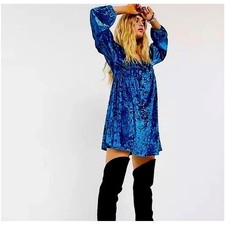 ASOS Velvet V Neck Long Sleeve Babydoll Mini Dress Royal Blue Size US 4