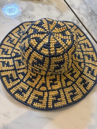 FENDI FF Logo Raffia Bucket Hat Size M 58 Beige Navy Straw Hat Dust Bag