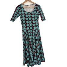 Geometric Teal Burgundy Fit Flare A-Line Dress Twee Mod Work Office Petite XS/S