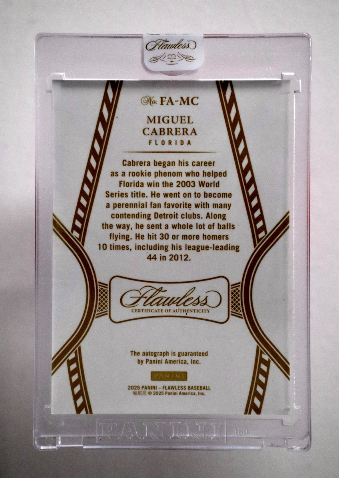 2025 Panini Flawless Miguel Cabrera Auto Ruby /20 Florida Marlins FA-MC KM1 view 2