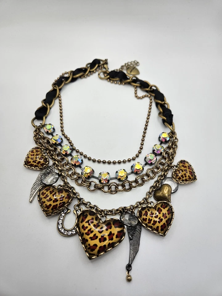 Collar Betsey Johnson Leopardo Lucita Corazón Hinchado Cristal Multi Hilo Dije