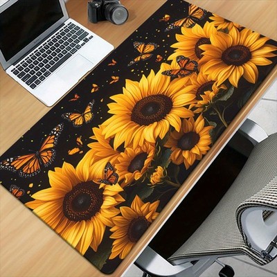 40*90cm1pc XXL Sunflowers with Butterflies & Stars Desk Pad - Non-Slip Rubber Ba