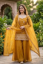 Wedding Collection Designer Silk Kurta Palazzo With Dupatta For Women