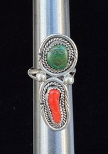 Navajo Sterling Silver Double Stone Turquoise Coral Ring Size 6