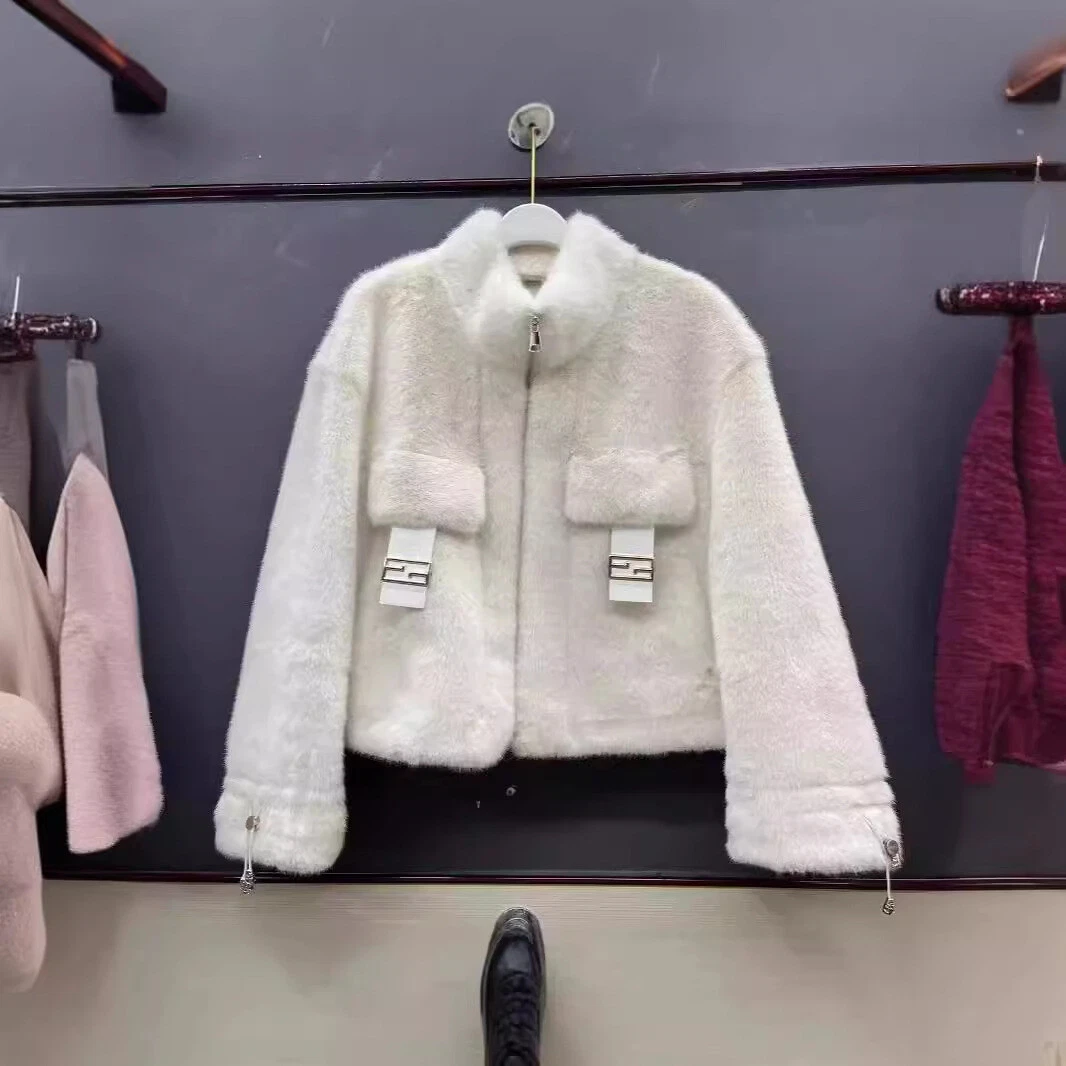 OFF WHITE Parka invernale pelliccia visone sintetica moda donna collo alto giacca pelliccia integrata