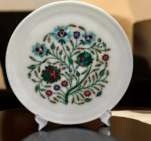 10" Round White Marble Serving Plate Lapis Stone Floral Inlay Art Kitchen Decors - Picture 8 of 8
