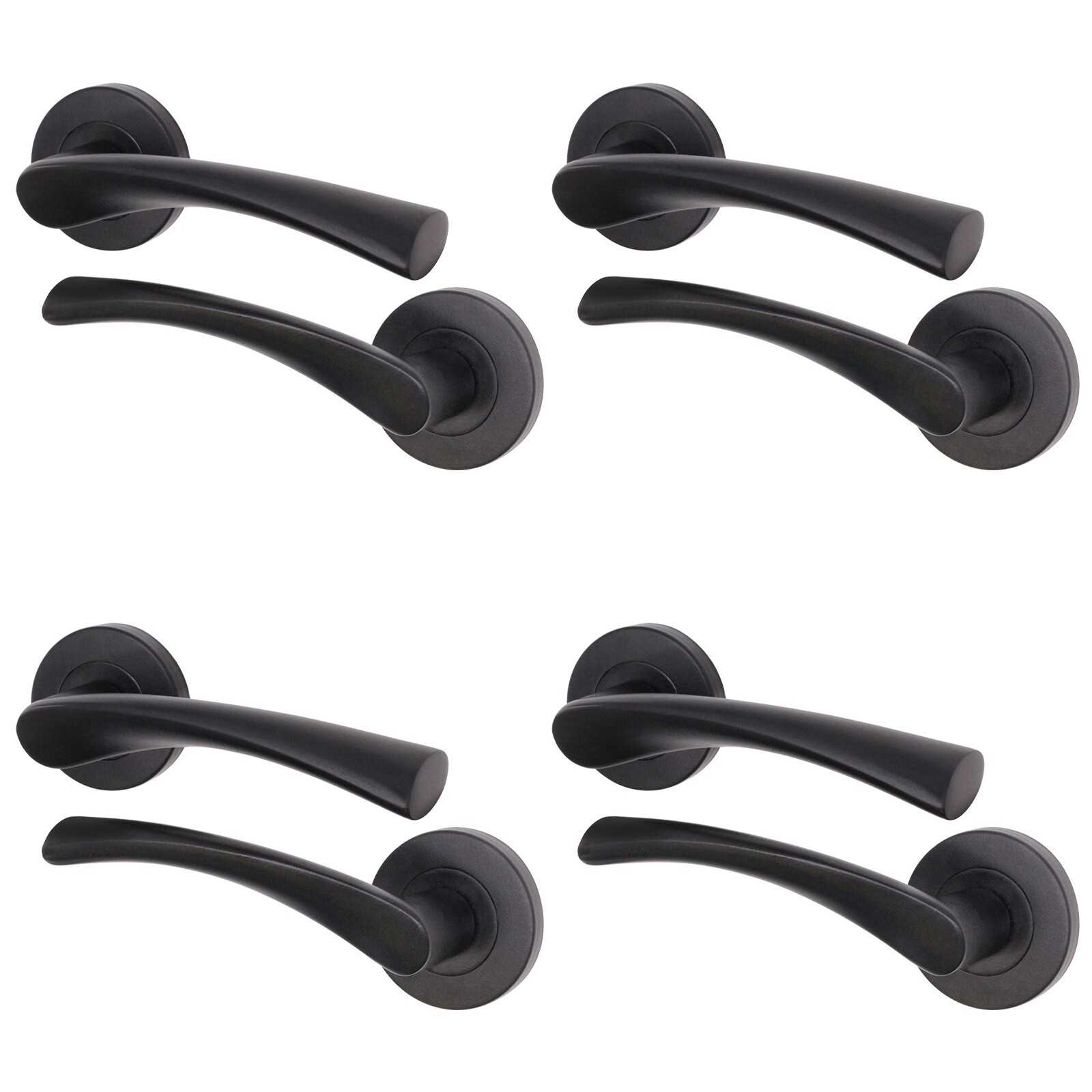 Matt Black Internal Door Handle - 4 Pairs Lever on Rose Round Curved Handles