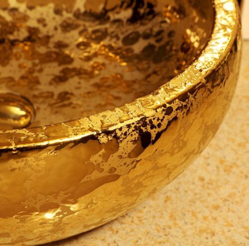 Vasca bagno lavandino lusso ceramica dipinta oro lucido vanità - Foto 2 di 5