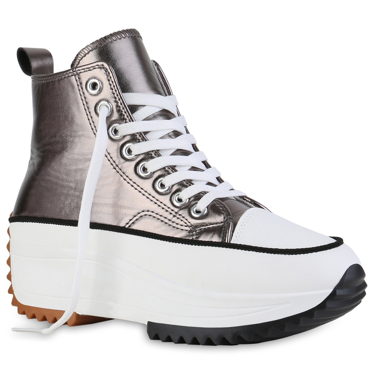 Damen Plateau Sneaker Metallic Schnürer Profil-Sohle Schuhe 840558 