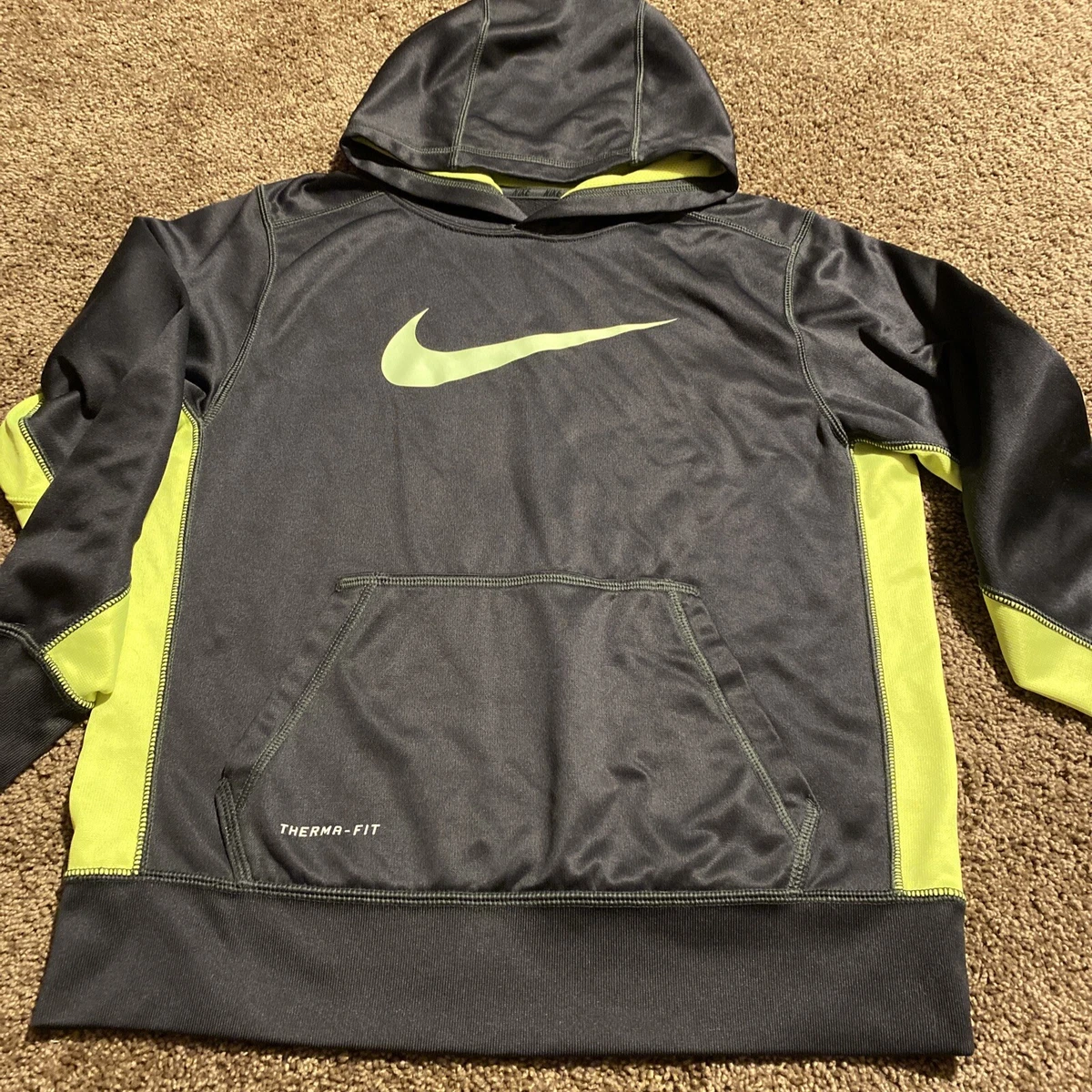 Nike Therma Fit Hoodie Youth Sz XL M Dark Gray Neon Yellow
