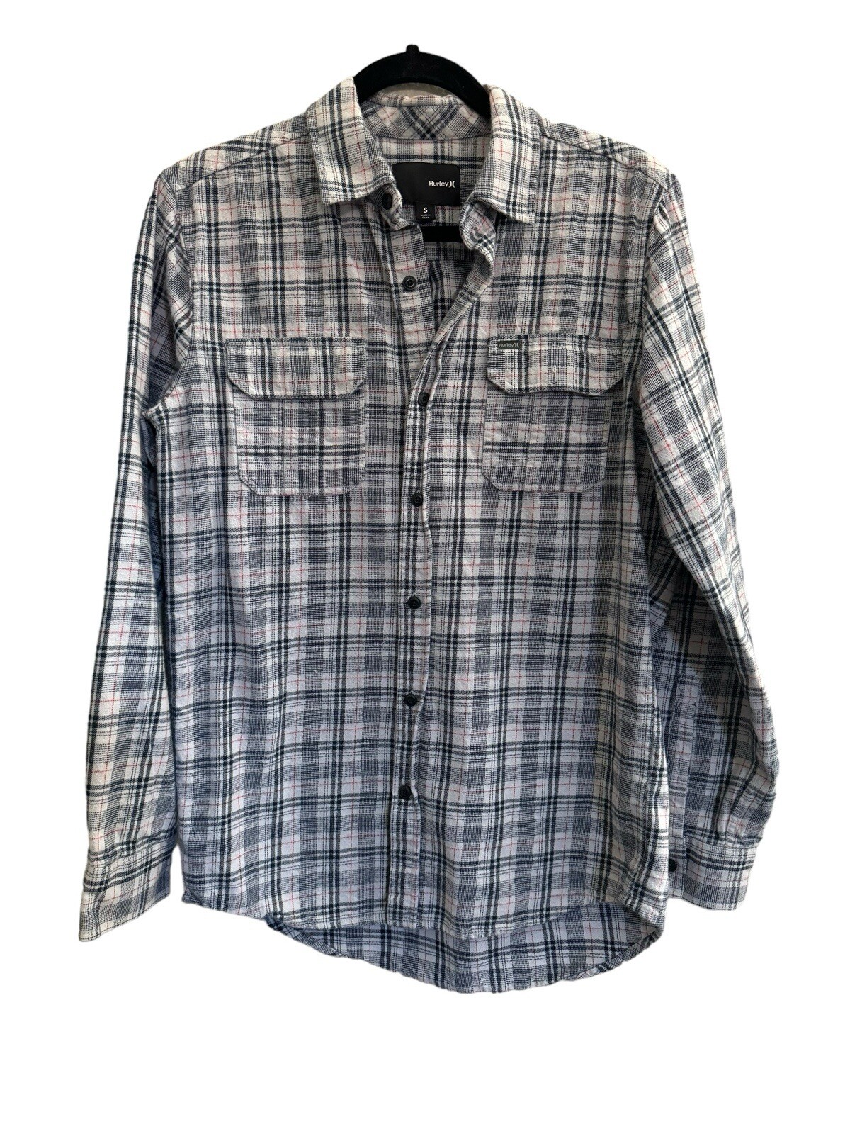 Hurley Flannel Shirt Mens Small Gray Black Plaid Long Sleeve Button Cotton #3243-image