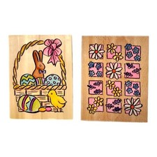 Large Easter Wood Rubber Mounted Stamper Craft Tool Vintage Rabbit,Eggs,Flowers