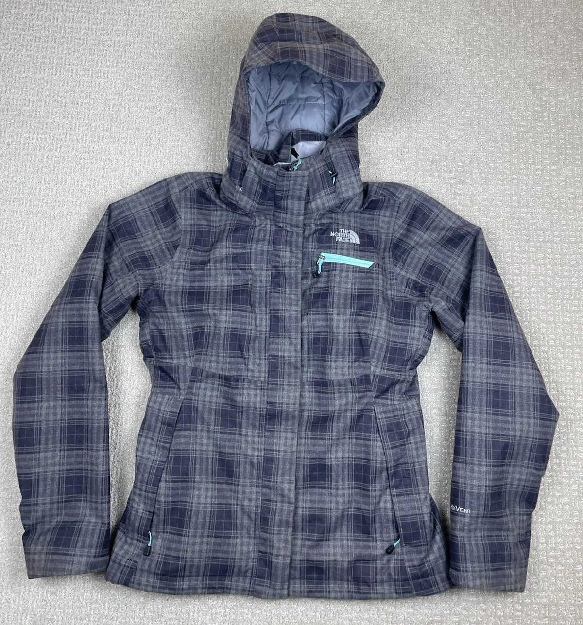The North Face Womens Hyvent Waterproof Ski Jacket Size S Gray Plaid Hooded