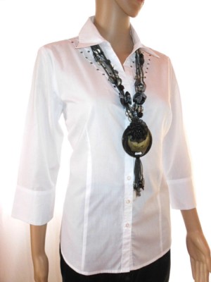 Charles Vogele Women White Fashion Vtg 90 Embellished Business Shirt sz L AC50