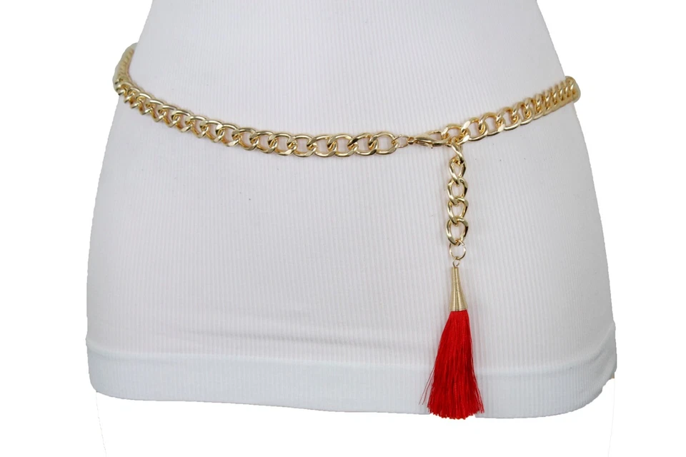 Mujeres Ajustado Bling Cinturón Oro Metal Cadena Eslabón Rojo Flecos Borla Hebilla M L XL Foto 4 de 4