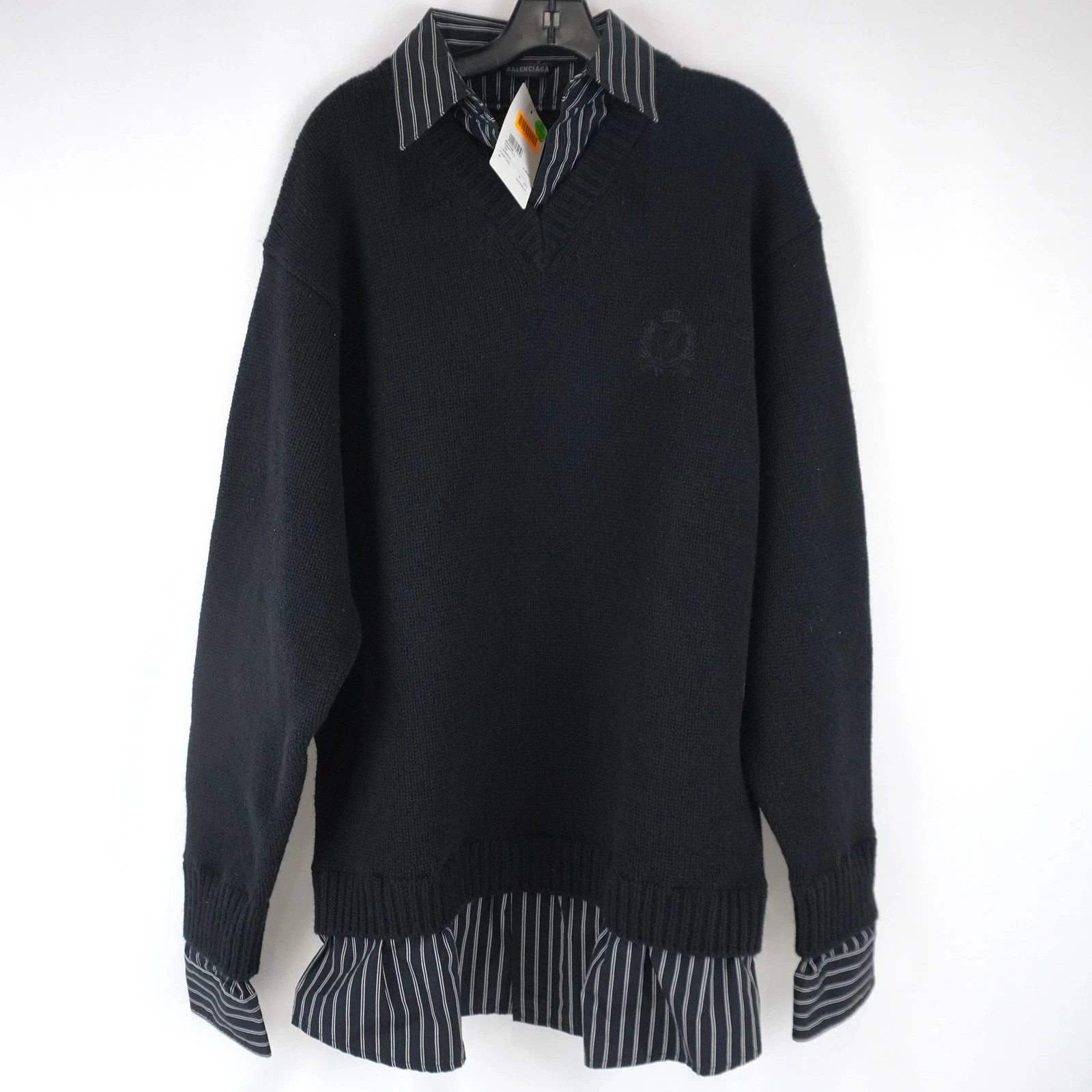 Balenciaga Embroidered Sweater In Black W/ Striped Shirt Accents - Men's Size M
Opens in a new windo