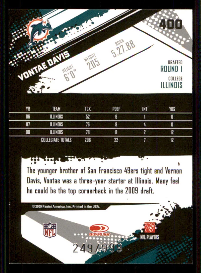 2009 Score Inscriptions #400 Vontae Davis RC /999 - Image 2 of 2