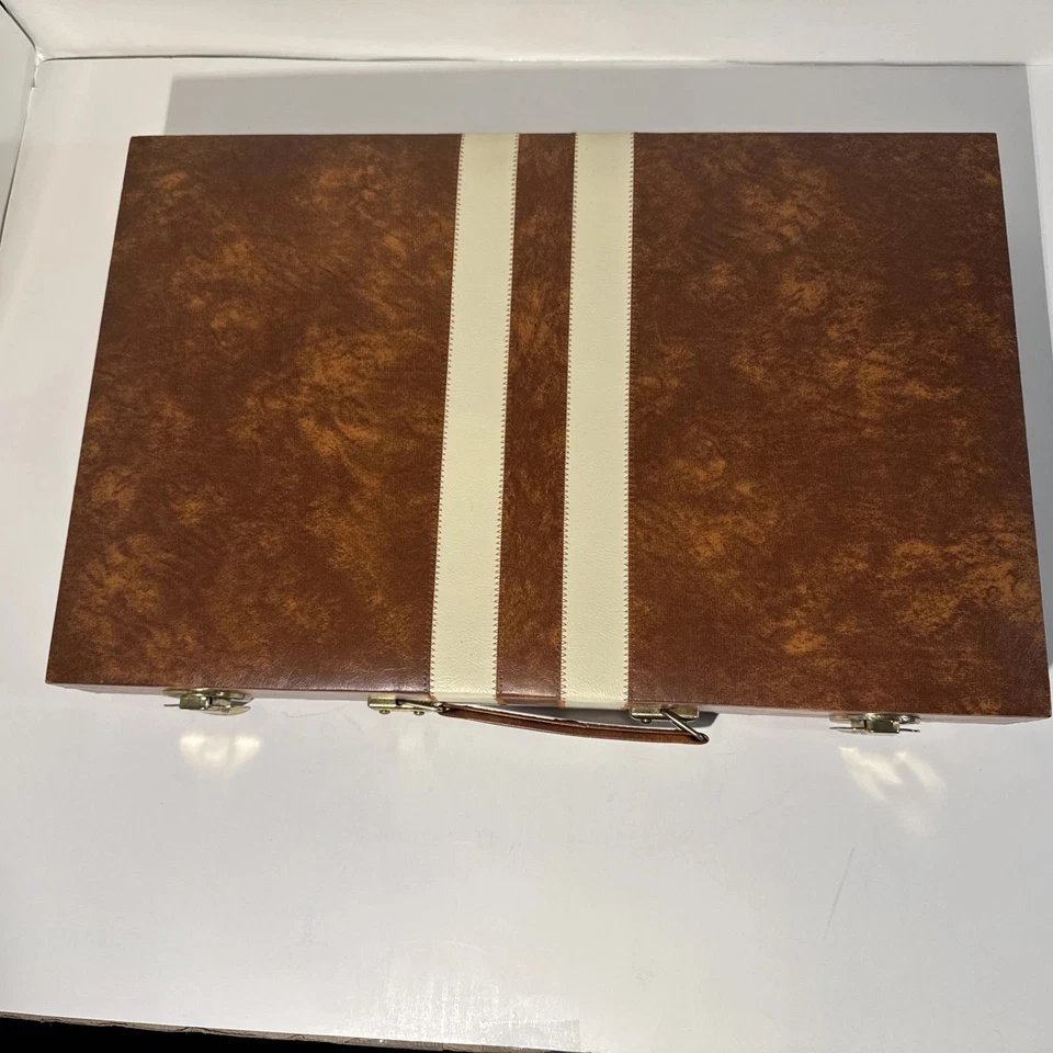 Backgammon Set 1970s Interpur 18 Inch Vintage Brown Cream Case Tournament - Image 2 of 4