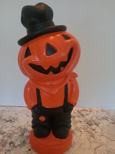 Pumpkin Scarecrow Halloween Plastic Blow Mold Style 14" Tall Black Hat Overalls