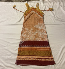 Women's Boho Maxi Dress S Brown/Yellow/Maroon Pineapple Viscose Strappy Tie